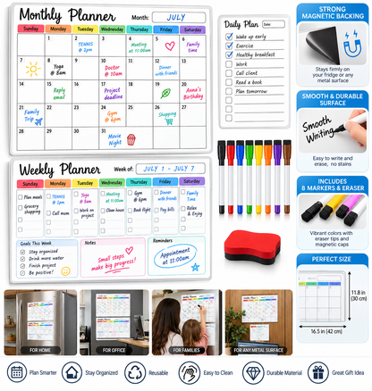 Magnetic Wall Planner Set with 8 Markers & Eraser WHITE