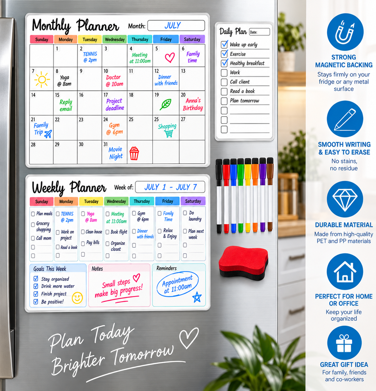 Magnetic Wall Planner Set with 8 Markers & Eraser WHITE