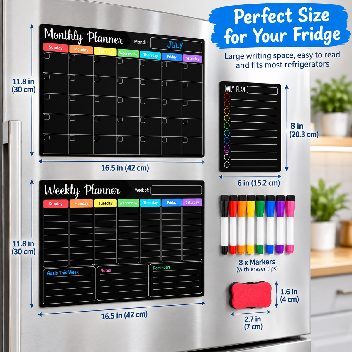 Magnetic Wall Planner Set with 8 Markers & Eraser BLACK