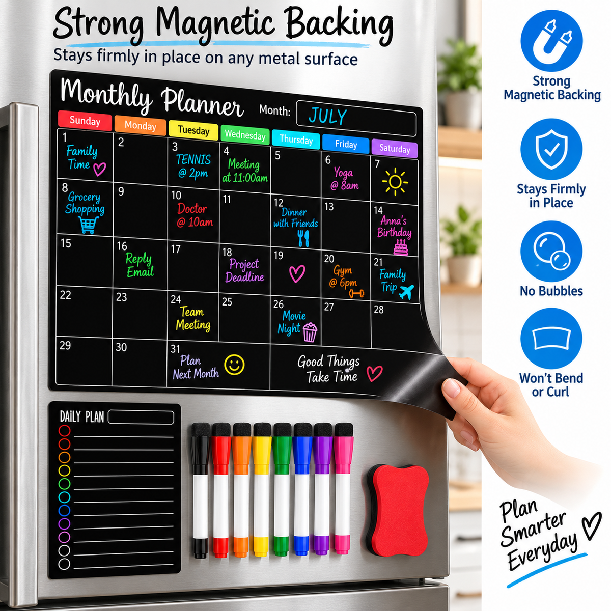 Magnetic Wall Planner Set with 8 Markers & Eraser BLACK