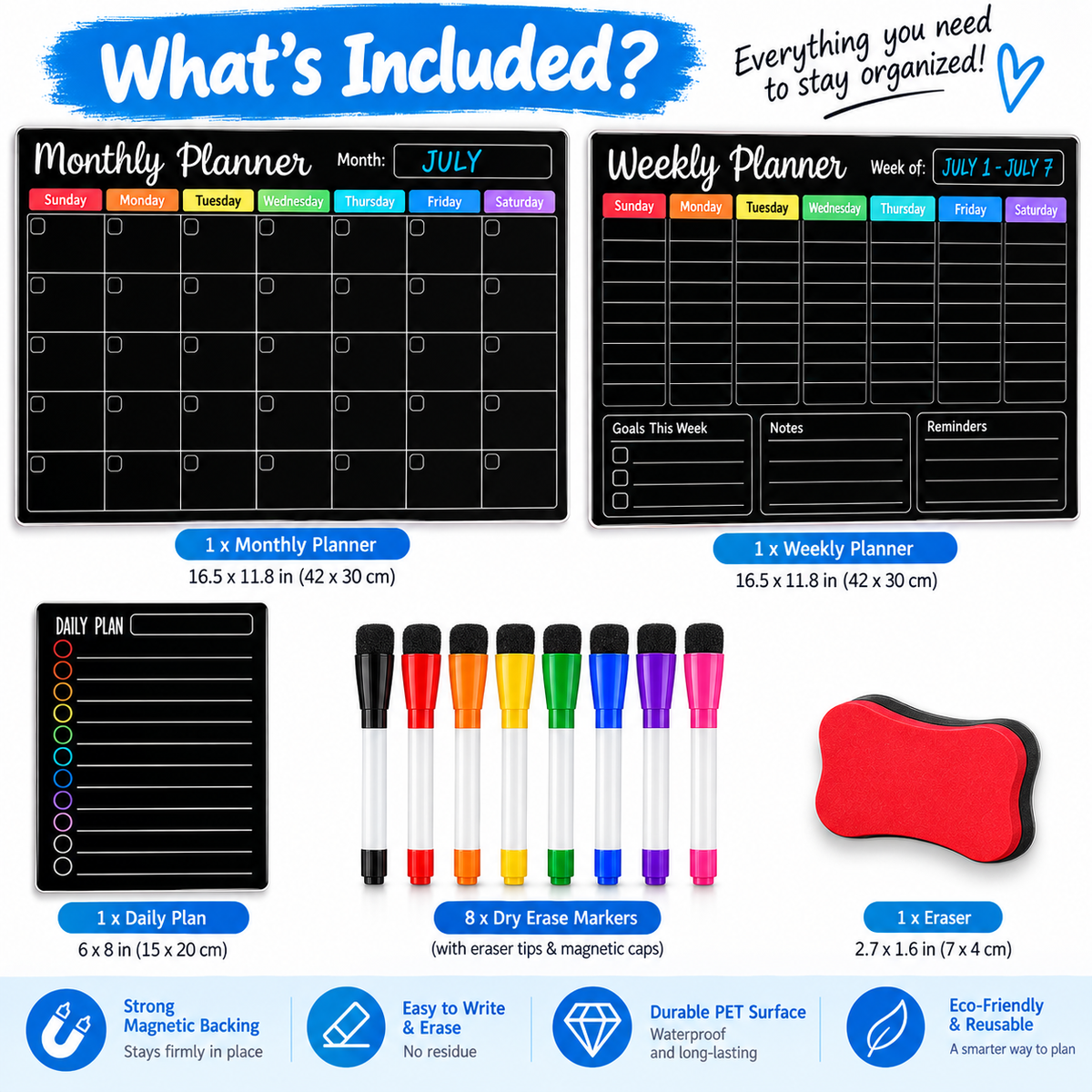 Magnetic Wall Planner Set with 8 Markers & Eraser BLACK