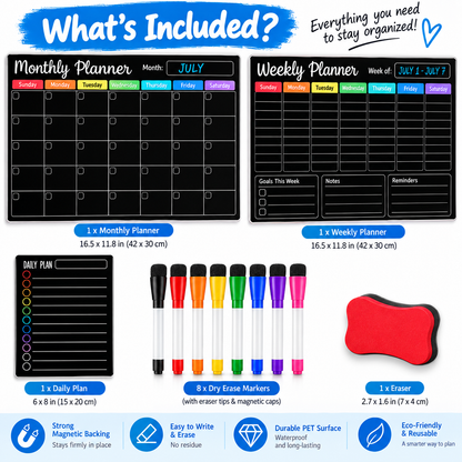 Magnetic Wall Planner Set with 8 Markers & Eraser BLACK