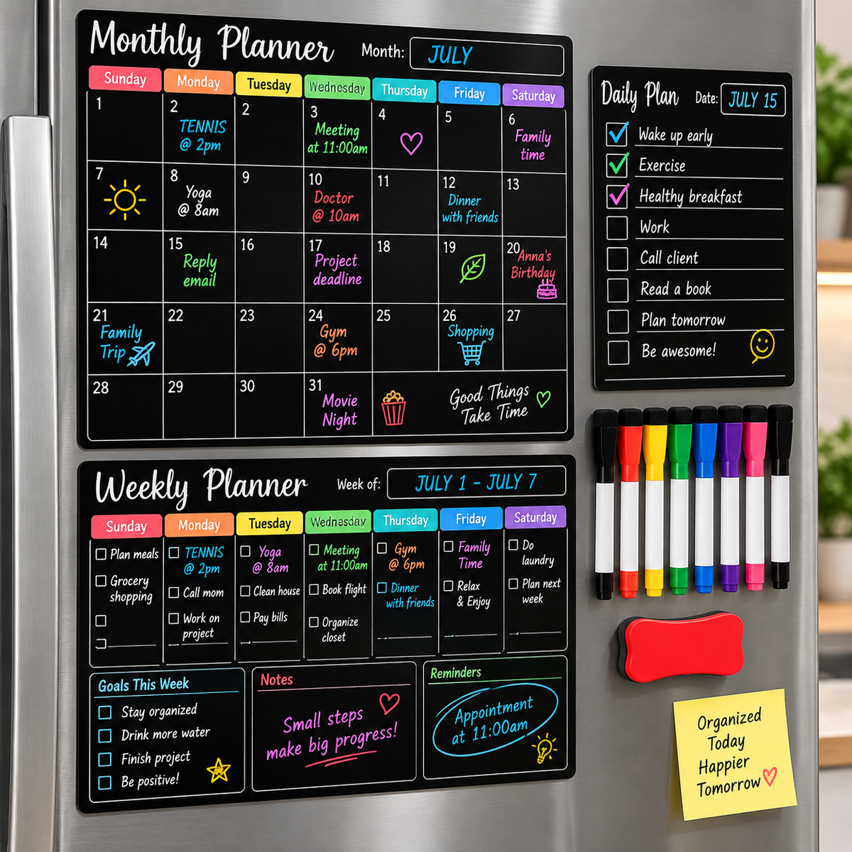 Magnetic Wall Planner Set with 8 Markers & Eraser BLACK