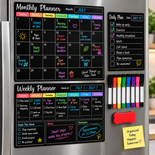 Black Magnetic Dry Erase Calendar Set – 3 Planners, 8 Markers & Eraser